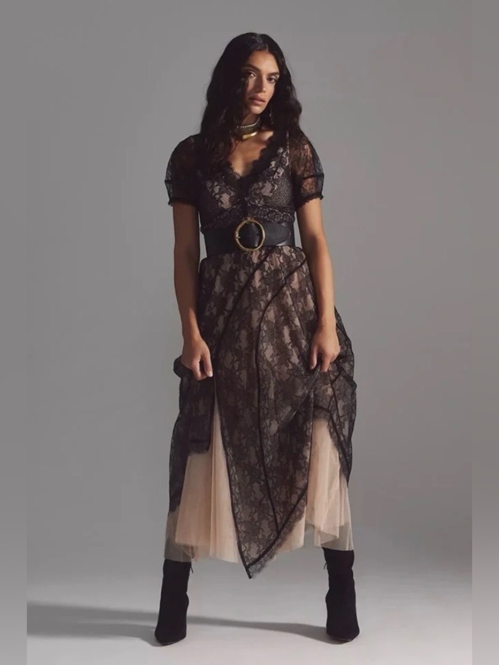 By Anthropologie Black Nude Lace Tulle Underlay Boho Maxi Dress Size 12